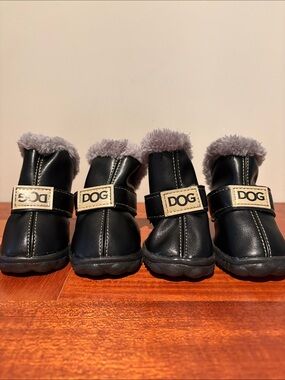 Black Faux Leather Dog Boots Booties with Gray Faux Fur Trim SZ 6 (Set of 4)